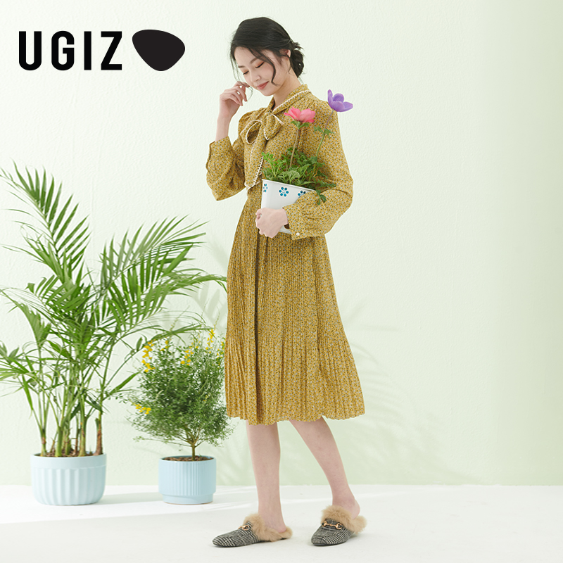 UGIZ2022春季新品韩版女装清新碎花淑女长袖百褶连衣裙女UAOF873 - 图1