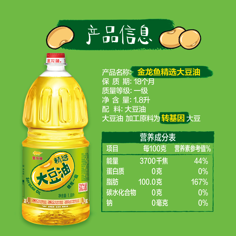 金龙鱼精炼一级大豆油1.8L*6桶家用色拉油食用油植物油整箱食用油 - 图2