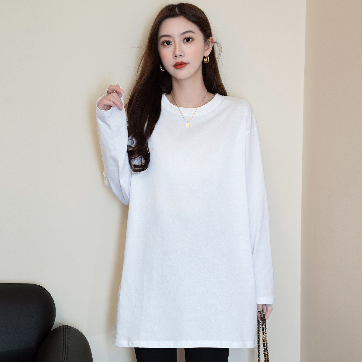 班尼路白色打底衫女2025新款长袖t恤中长款遮屁股内搭纯棉上衣J,淘宝优惠券,粉丝福利购,淘宝优惠卷