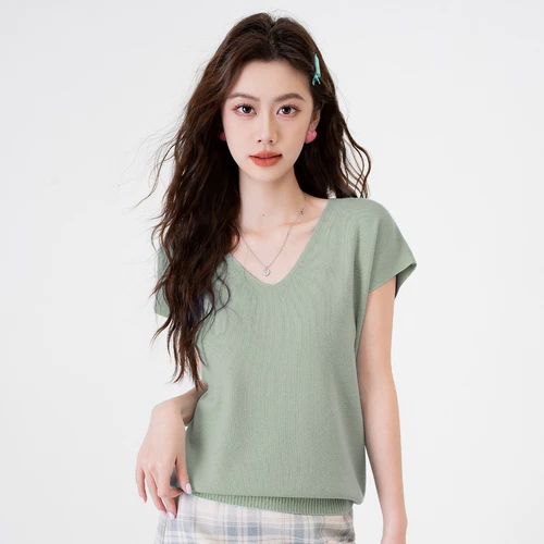 Цветной трикотажный летний приталенный свитер для отдыха, короткий рукав