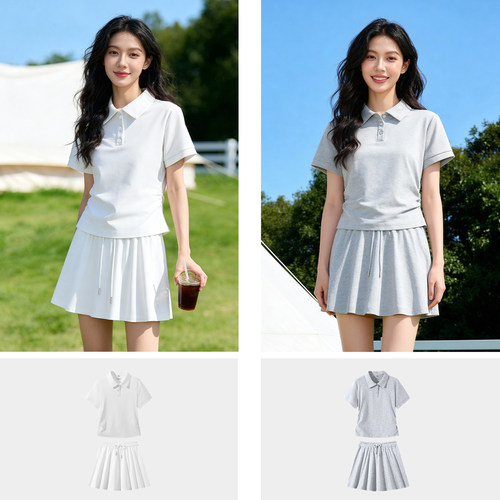 班尼路灰色运动套装女夏2026新款polo衫半身裙穿搭一整套两件套H - 图1