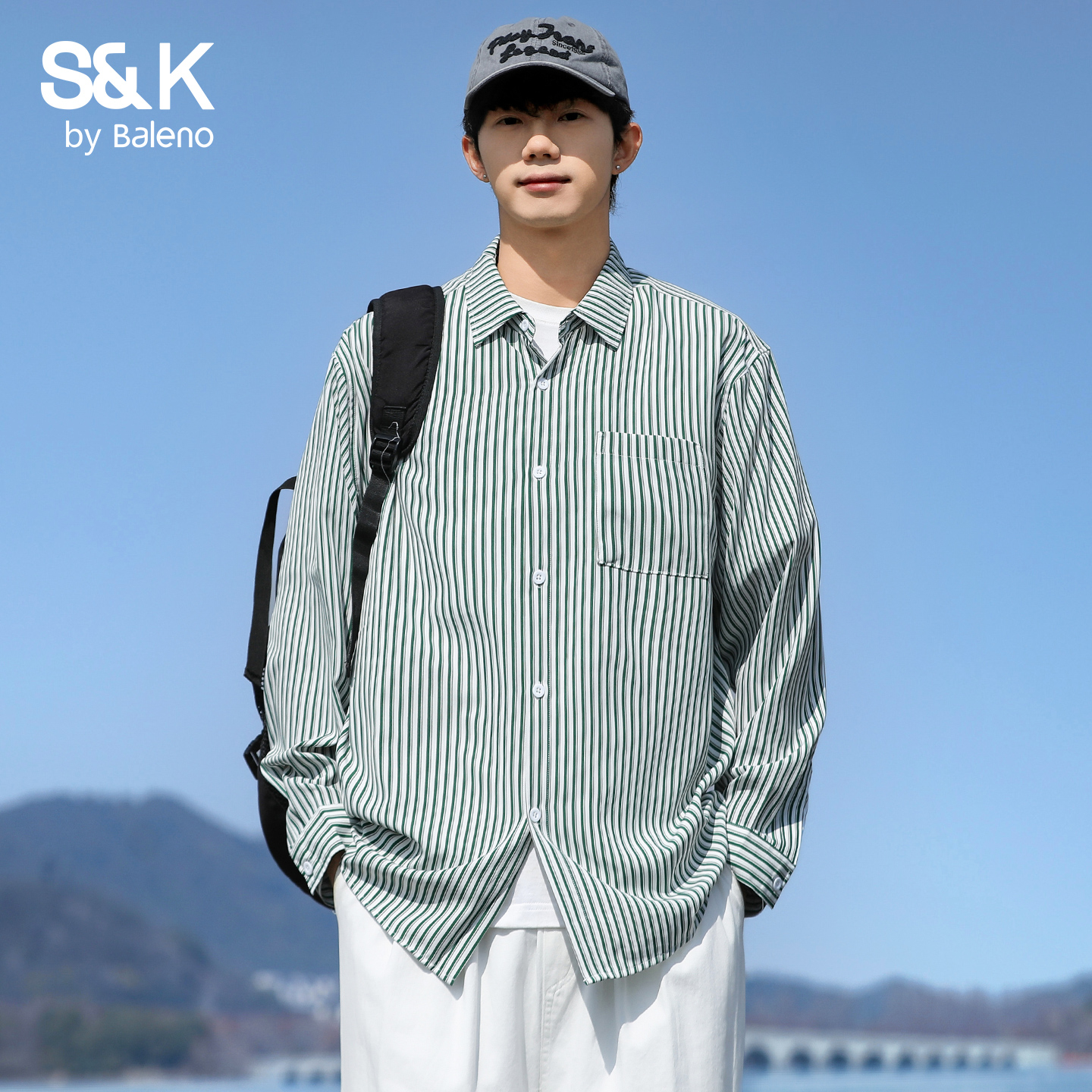 班尼路SK日系条纹长袖衬衫男春秋季新款百搭宽松休闲衬衣外套男MS - 图0