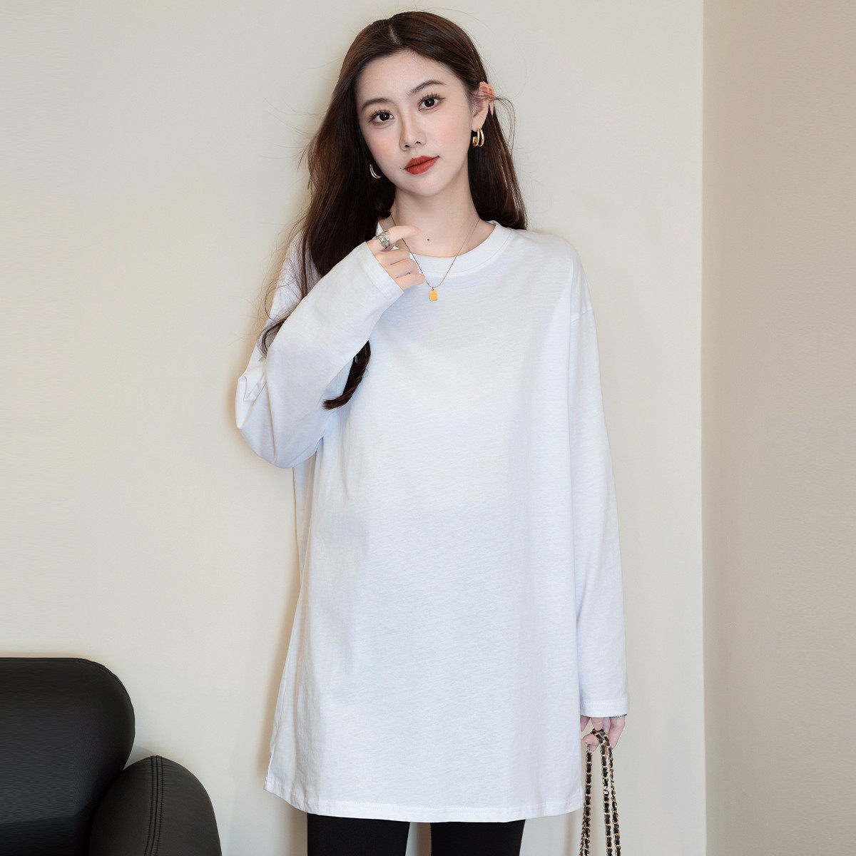 班尼路白色打底衫女2025新款长袖t恤中长款遮屁股内搭纯棉上衣J,淘宝优惠券,粉丝福利购,淘宝优惠卷