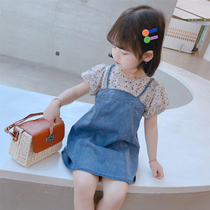 Girls floral paneled denim skirt 2022 summer dress new western school net red skirt summer child Korean version princess dress