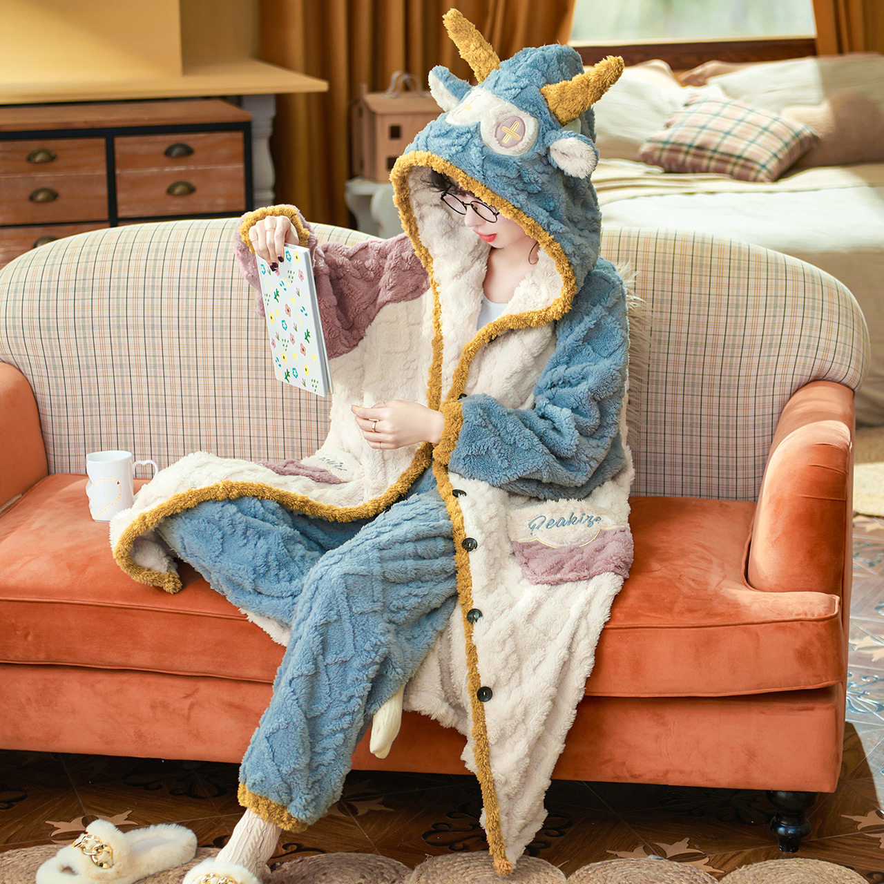 秋冬季珊瑚绒可爱可外穿睡裤睡袍 恩彩睡衣/家居服套装