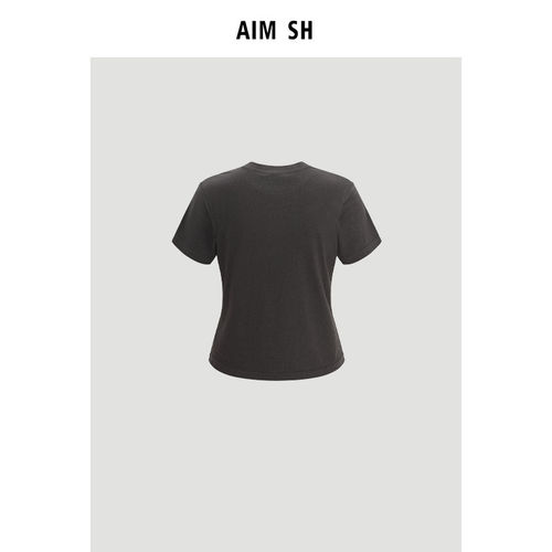 【新品】AIM SH 女士 缝标logo标识纯色圆领短袖T恤 - 图2