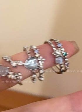 海蓝爱心月光锆石开口戒指女轻奢小众设计感食指戒气质可调节指环