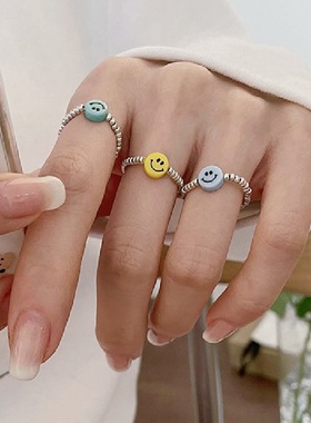 韩国小众设计彩色笑脸弹力戒指女简约串珠食指戒可调节弹力指环