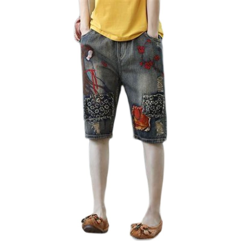 2023新款牛仔五分裤女夏宽松大码刺绣短裤胖MM松紧腰复古阔腿裤女,淘宝优惠券,粉丝福利购,淘宝优惠卷
