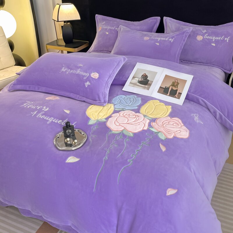 A类高端牛奶绒四件套冬季加厚珊瑚绒法兰绒被套床单床笠床上用品4