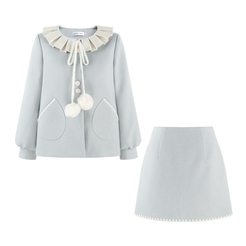 Palglg甜美风蓝色小香风毛呢外套女套装冬富家千金风半身裙两件套,淘宝优惠券,粉丝福利购,淘宝优惠卷