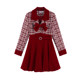 小香风v领红色格子设计感连衣裙女秋冬季高级感新年战袍丝绒裙子