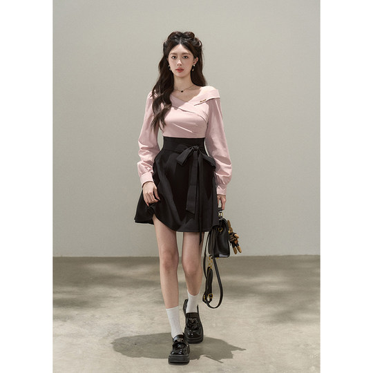 Design-sensual niche fake two-piece v-neck long-sleeved dress