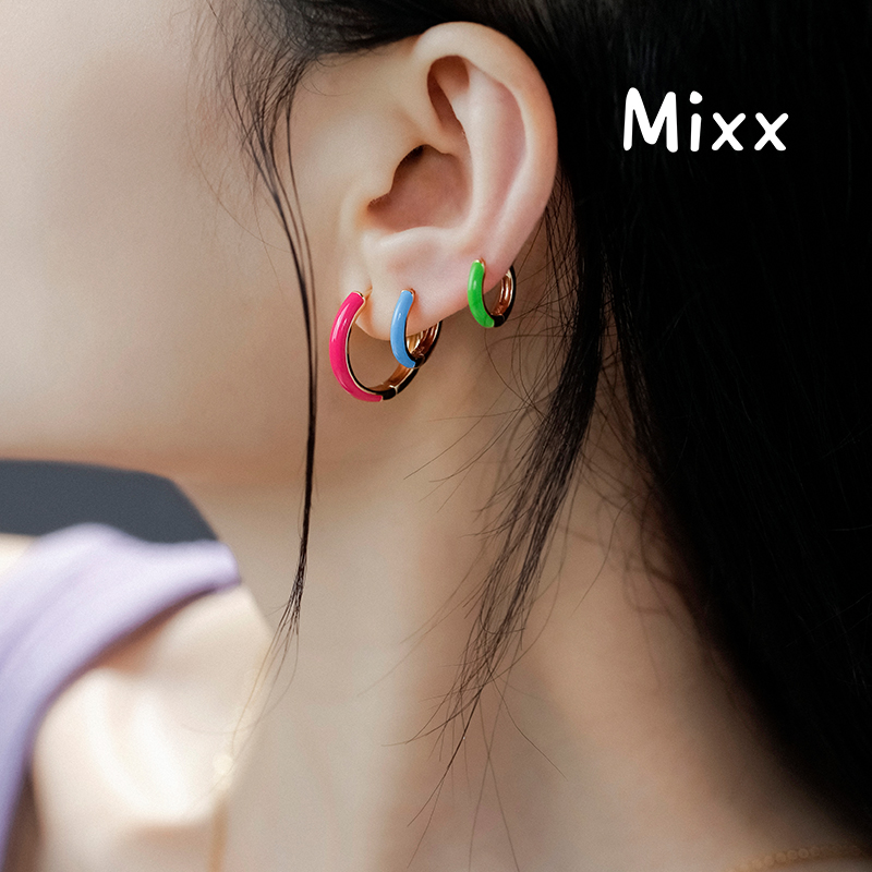 Mixx925银马卡龙糖果彩色珐琅基础款耳圈耳环520礼物 - 图1