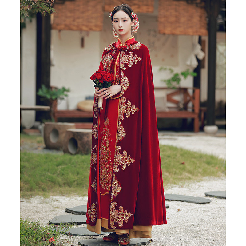 秀禾披风新娘结婚丝绒外搭中式古装 美伦姿秀风衣