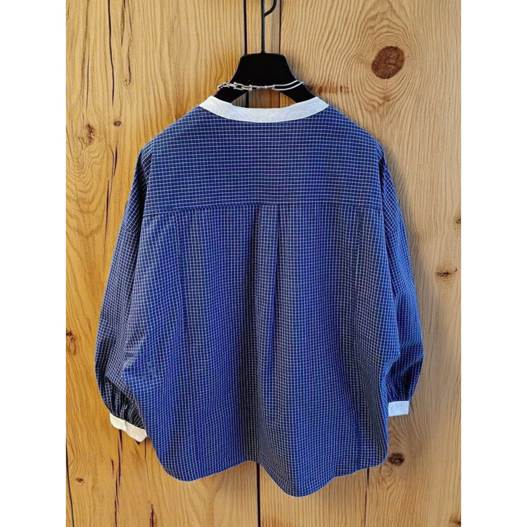 设计感蓝色格子长袖衬衫2026新款春秋大码女装胖mm灯笼袖宽松上衣,淘宝优惠券,粉丝福利购,淘宝优惠卷