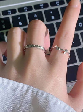 S925银爱与玫瑰对戒轻奢小众情侣男女戒指情人节送爱人可调节刻字