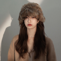 JHOM KROWNE RABBIT Fur Hat Woman Autumn Winter Style Thickened Warm-Proof Fur Line Hat Leather Grass Plush Fur Fisherman Hat