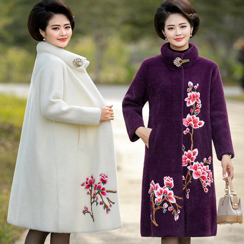 妈妈秋冬中长款毛呢外套水貂绒大衣 美牧莲中老年女装