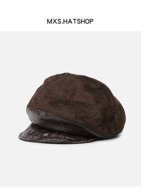 英伦复古麂皮绒皮质拼接贝雷帽