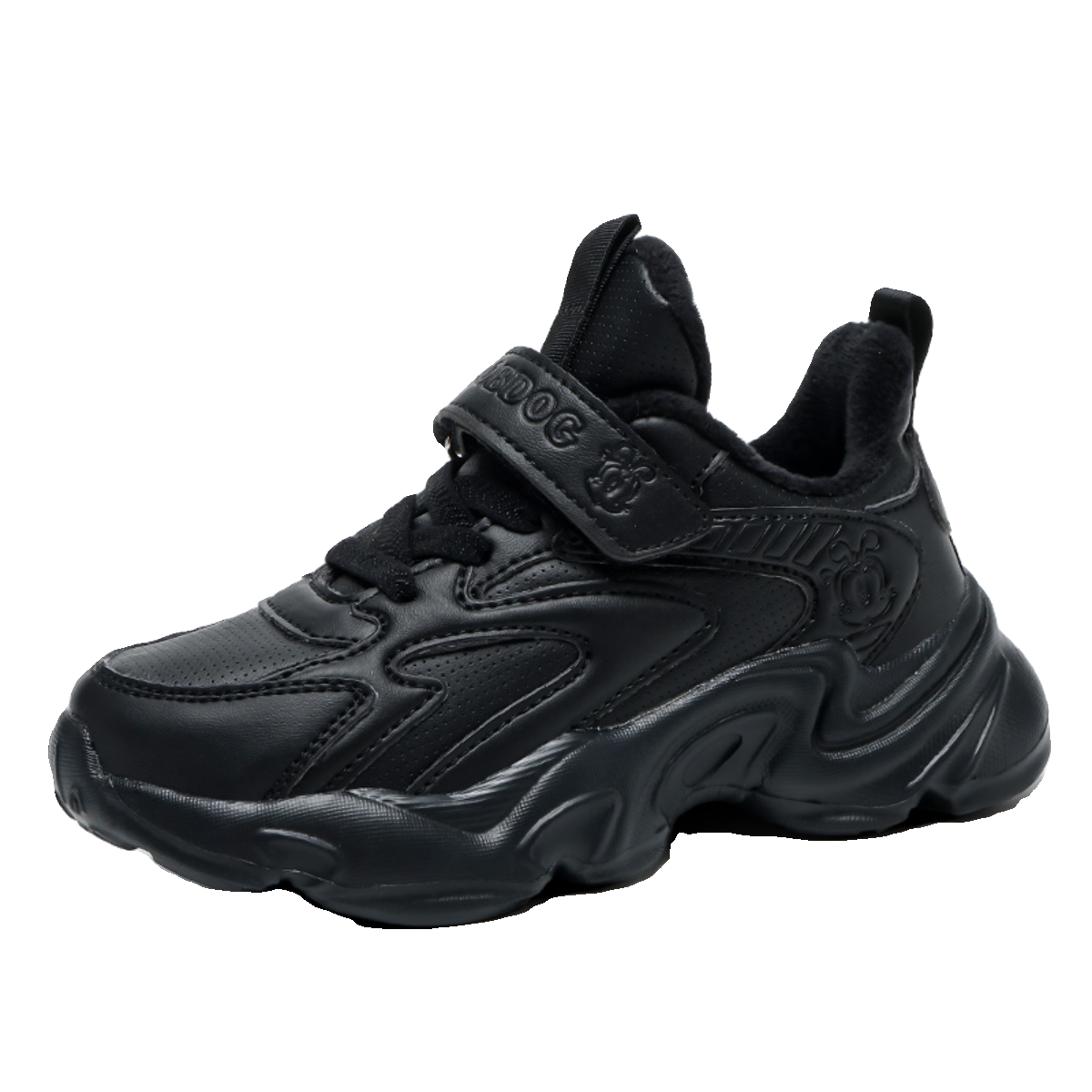 巴布豆儿童运动鞋冬季皮面防水黑色男女童加绒二棉保暖跑步小黑鞋-图3