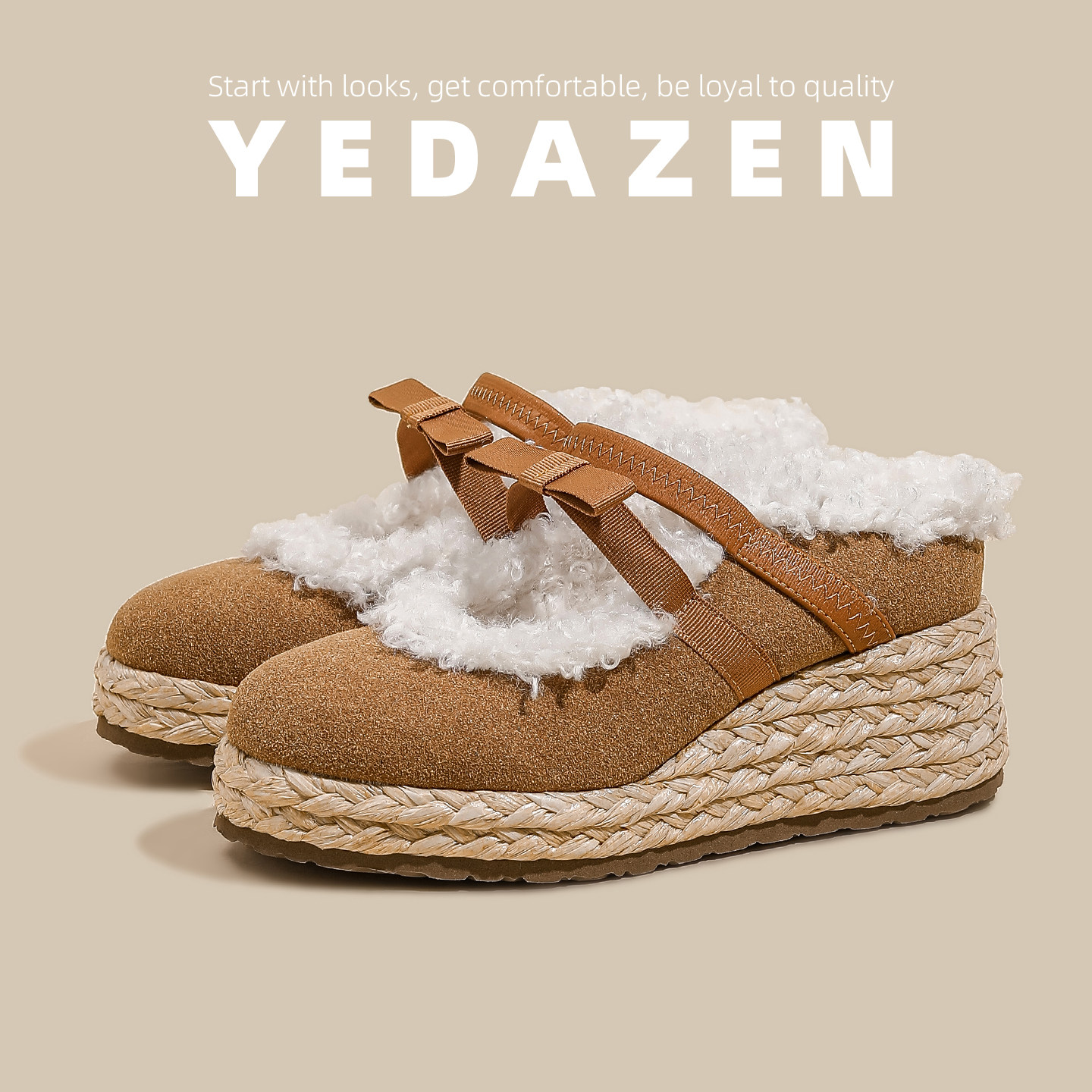 一脚蹬白色玛丽珍毛毛鞋女坡跟蝴蝶结单鞋冬季加绒厚底渔夫鞋半拖,淘宝优惠券,粉丝福利购,淘宝优惠卷