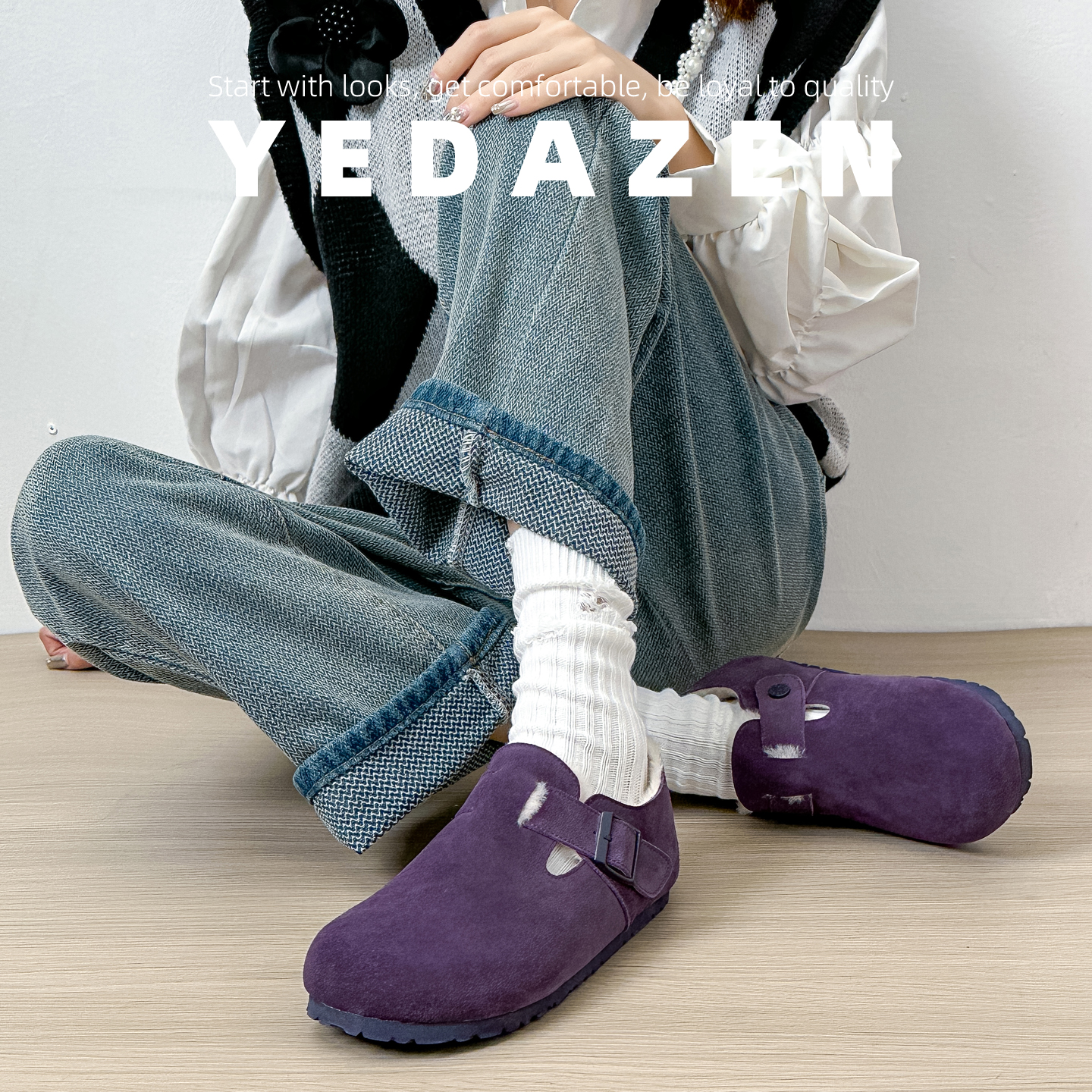 真皮紫色全包厚底勃肯鞋女加绒一脚蹬内增高毛毛单鞋2025新款秋冬 - 图0