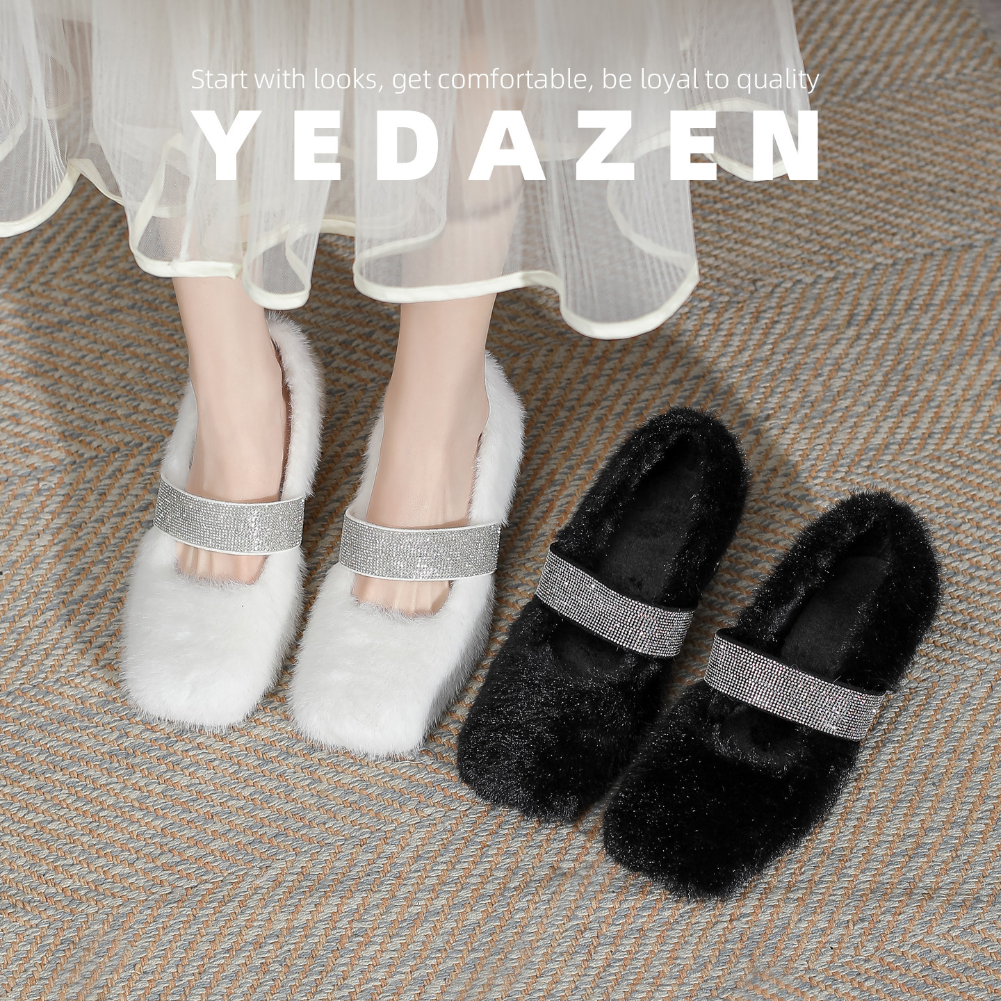 高级感水钻带白色毛毛高跟鞋女冬季加绒玛丽珍鞋粗跟法式方头单鞋,淘宝优惠券,粉丝福利购,淘宝优惠卷