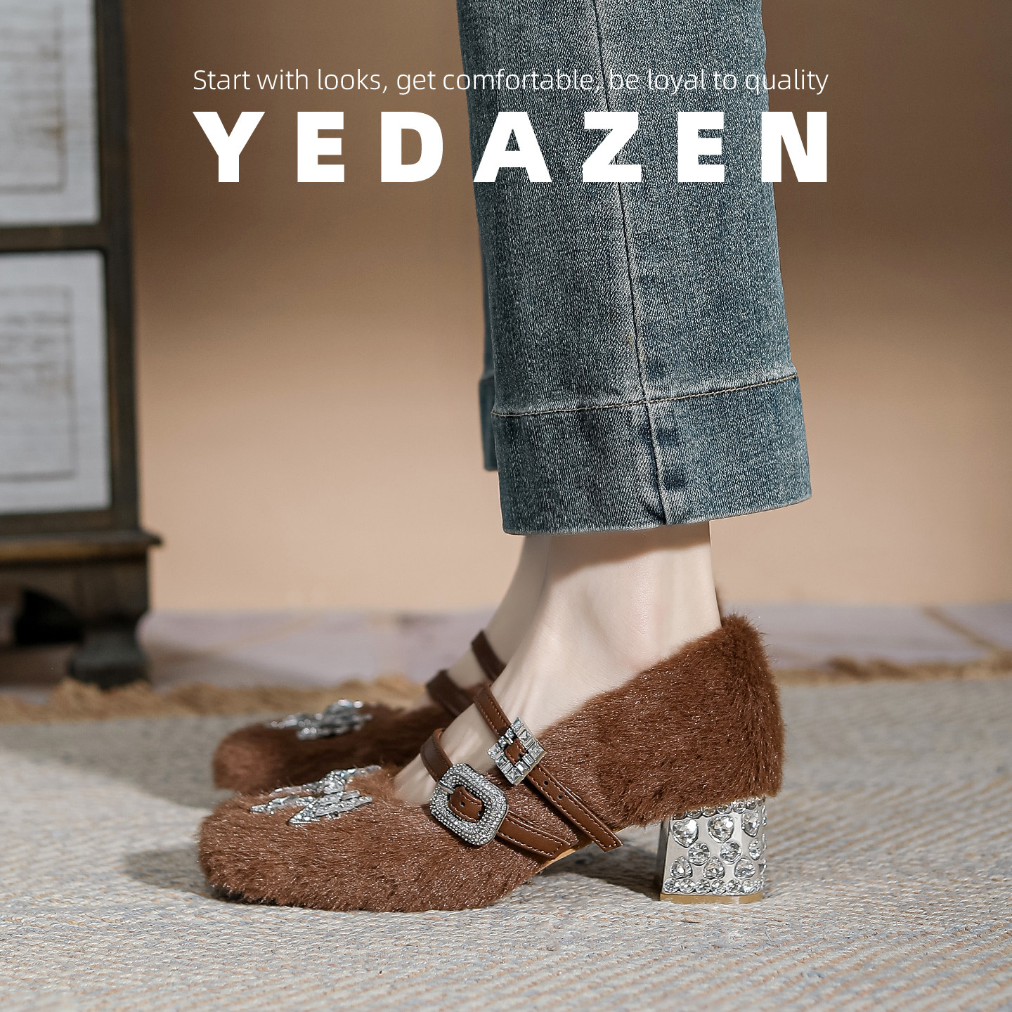 高级感貂毛毛鞋外穿粗跟水钻单鞋女冬季加绒白色方头玛丽珍高跟鞋,淘宝优惠券,粉丝福利购,淘宝优惠卷