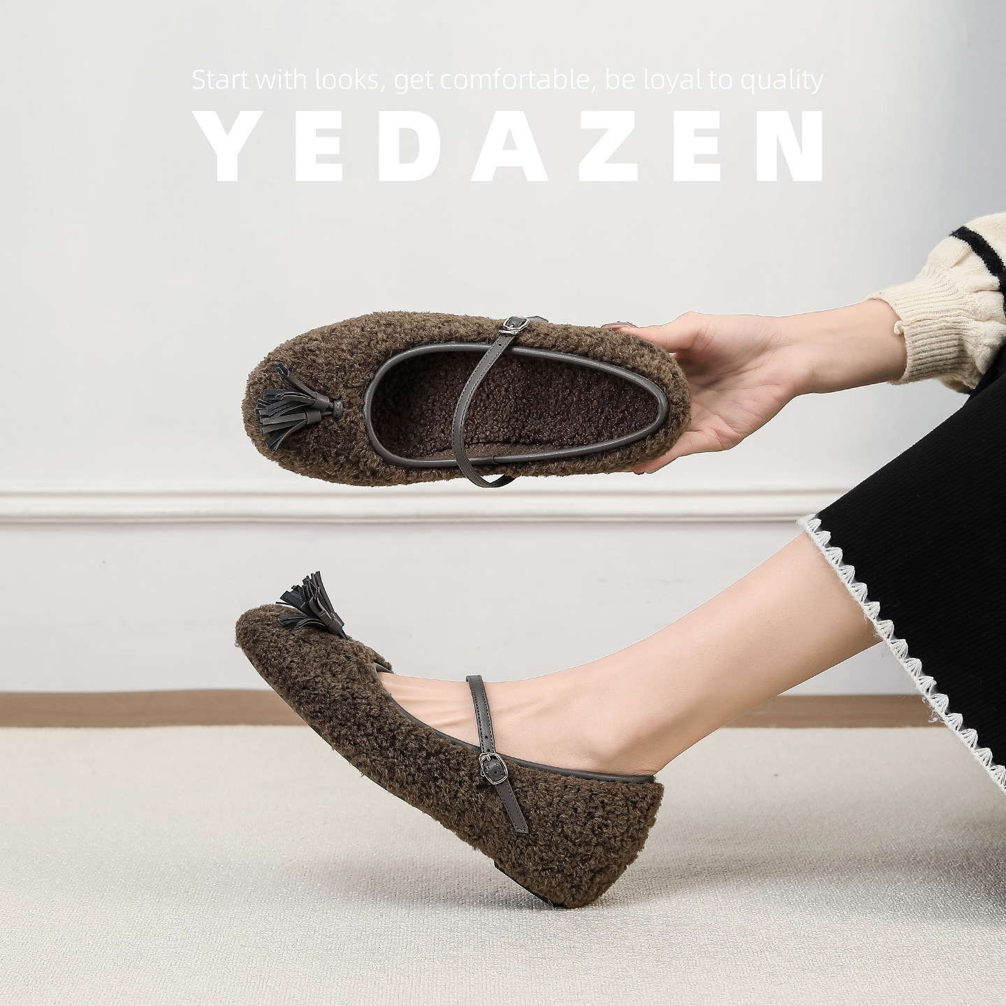 法式棕色内增高毛毛鞋外穿冬加绒圆头玛丽珍鞋平底一字带流苏单鞋,淘宝优惠券,粉丝福利购,淘宝优惠卷