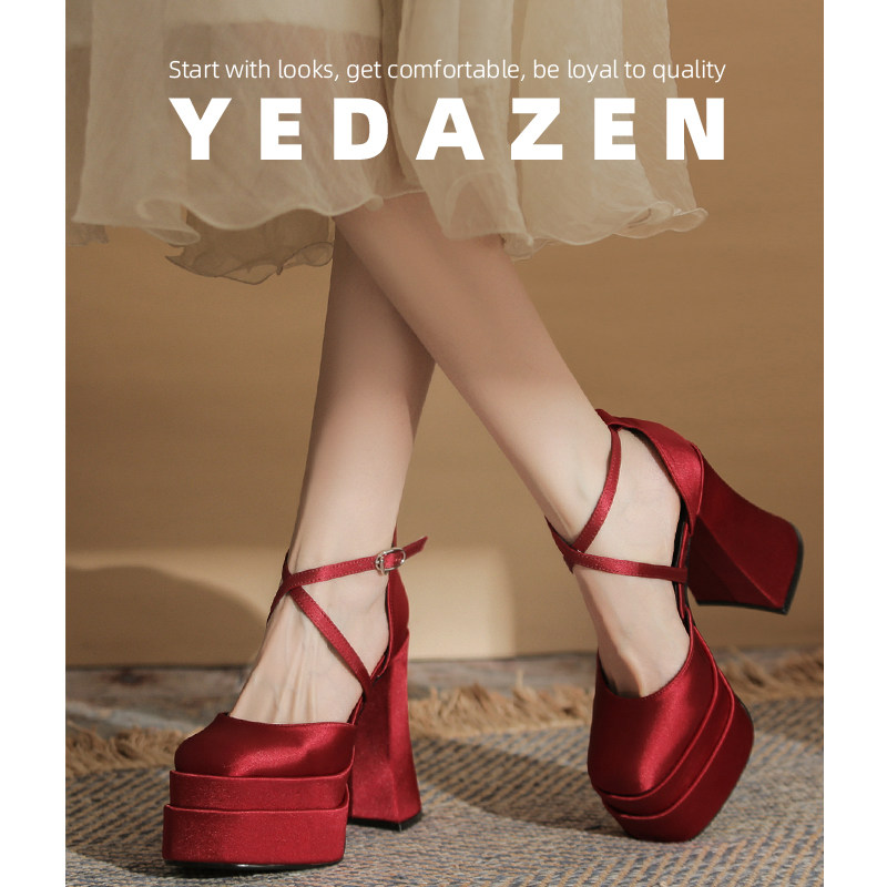 小个子高跟鞋女厚底玛丽珍红色婚鞋新娘鞋新款交叉带中空粗跟单鞋,淘宝优惠券,粉丝福利购,淘宝优惠卷