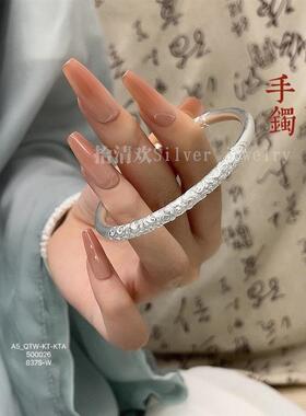 卷草纹银手镯女纯银9999足银新中式实心开口古法银镯子国潮高级感