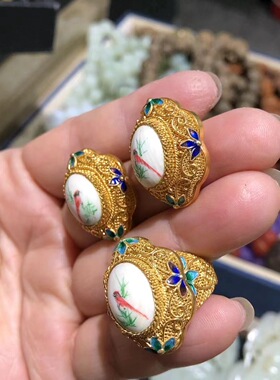 全新懋隆老货创汇期银鎏金花丝镶嵌手绘花鸟图案戒指耳钉一套