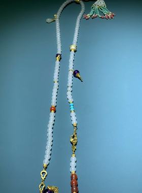 新中式和田玉斜跨链蜜蜡南红松石水晶珍珠多宝长项链多层毛衣链