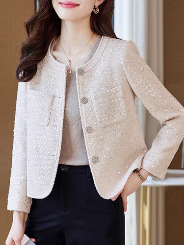 小香风粉色长袖女短外套春秋季新款2025休闲气质百搭开衫秋装上衣 - 图0