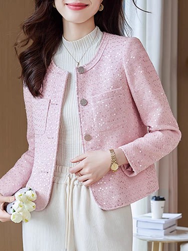 小香风粉色长袖女短外套春秋季新款2025休闲气质百搭开衫秋装上衣 - 图1