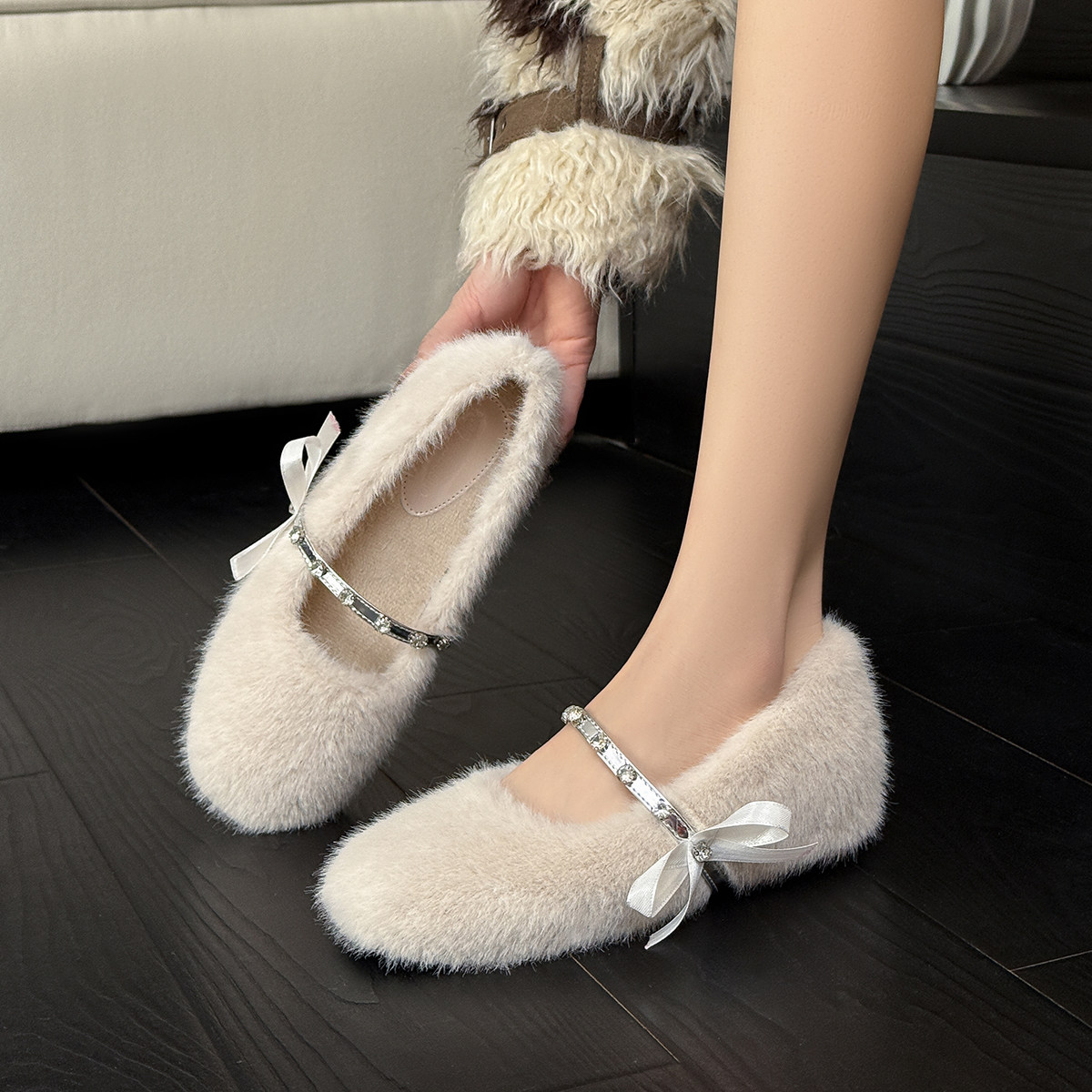 内增高毛毛鞋女2025新款冬季加绒外穿棉鞋法式玛丽珍珍配裙子单鞋,淘宝优惠券,粉丝福利购,淘宝优惠卷