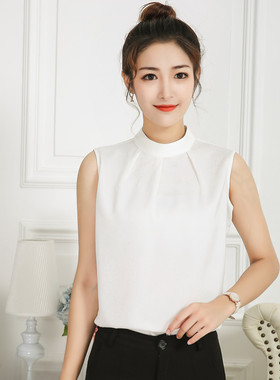 缎面新款立领无袖衬衫白黑红色女