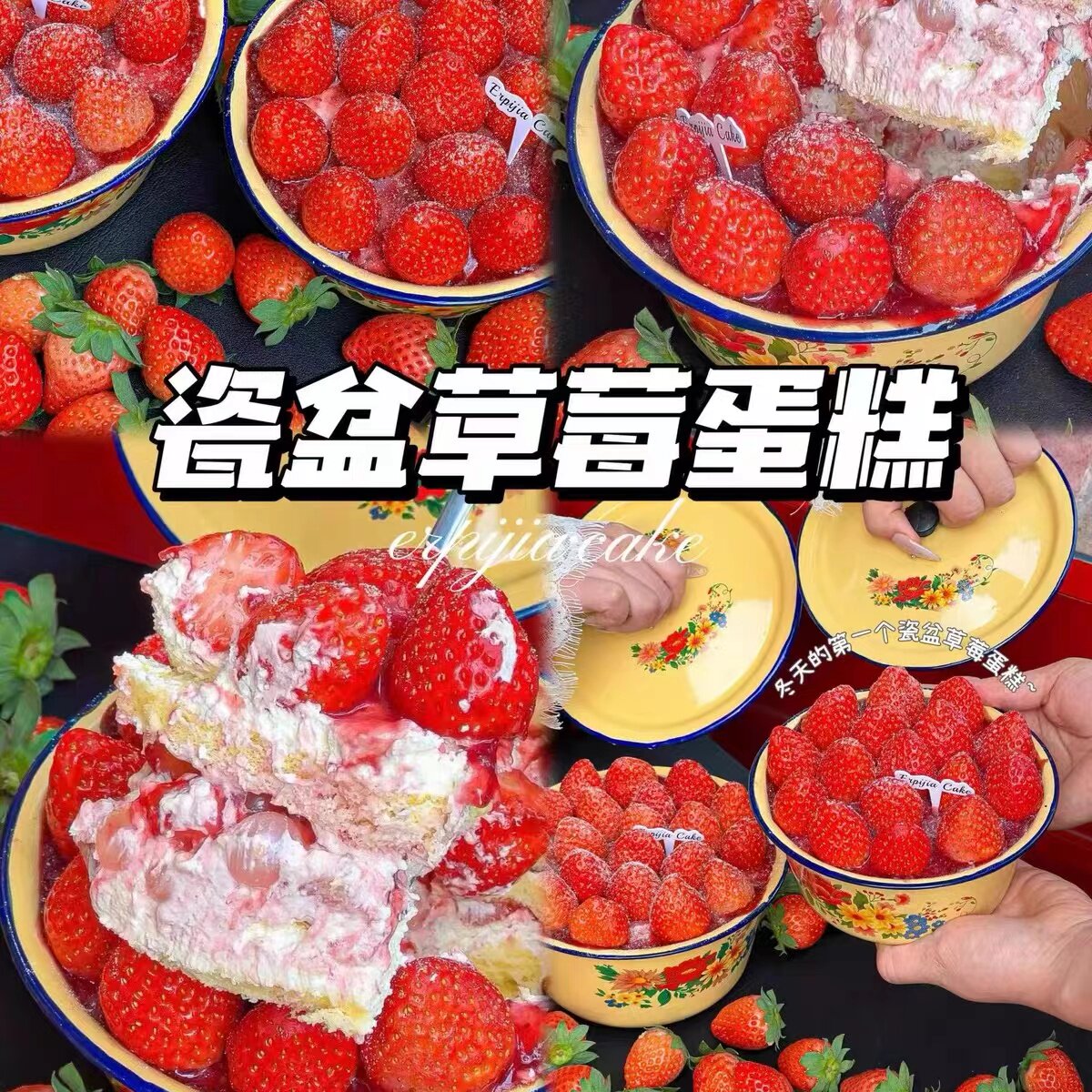 网红同款圣诞节草莓蛋糕装饰复古怀旧大红花搪瓷盆烘焙甜品装扮