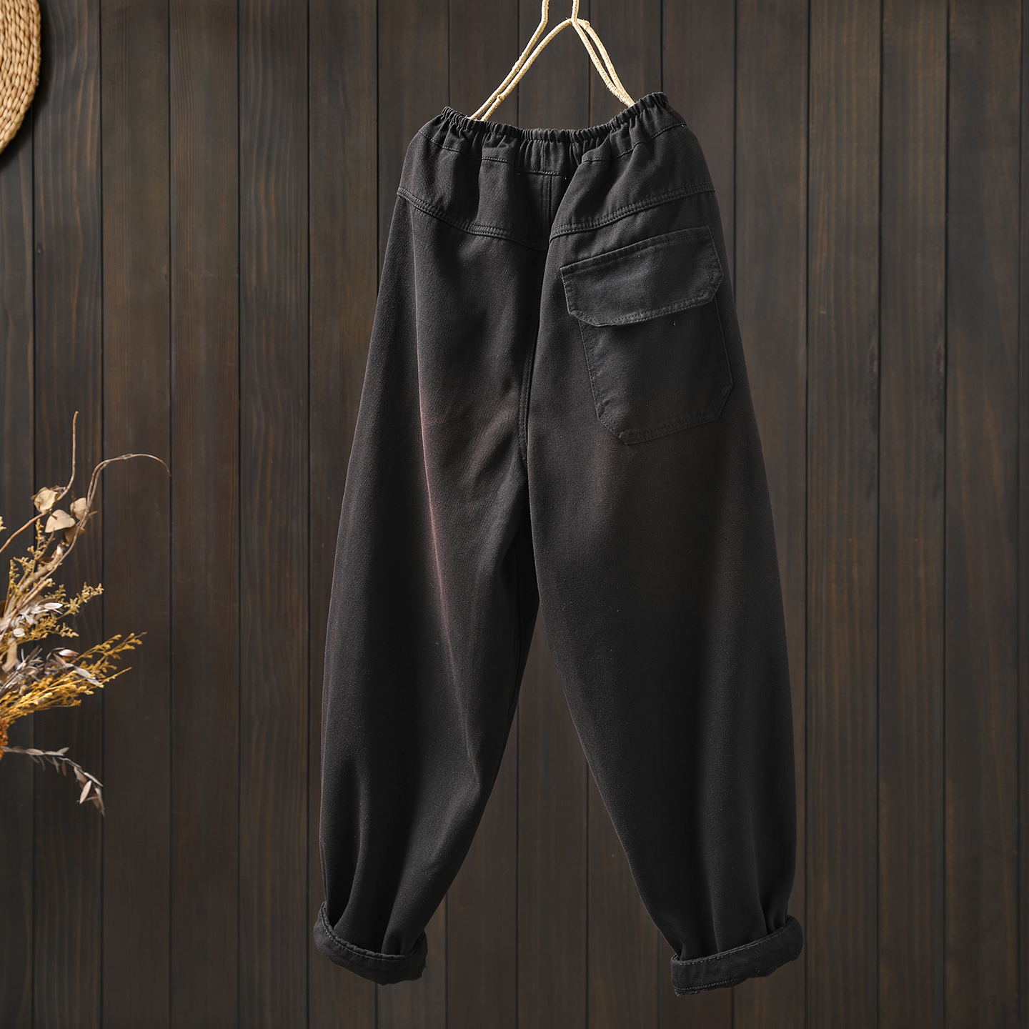 女士牛仔裤2025新款冬加绒刺绣五角星贴布巨好看设计感百搭哈伦裤 - 图1