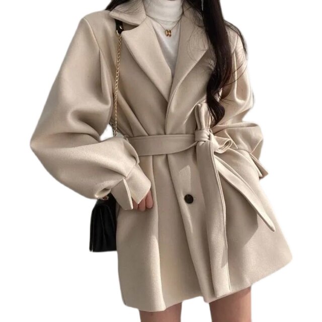 Waisted lace-up slimming lantern sleeve woolen jacket quilted