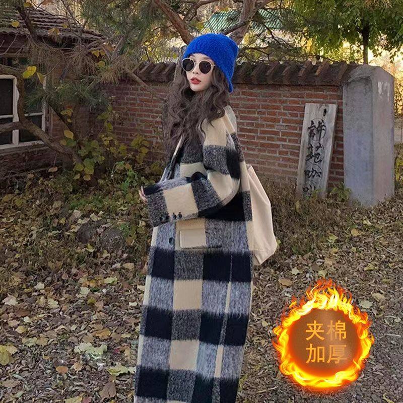 格子毛呢大衣女秋冬款双排扣西装领外套过膝夹棉复古风衣学生宽松,淘宝优惠券,粉丝福利购,淘宝优惠卷