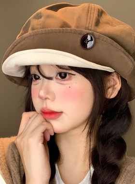 纽扣双帽檐贝雷帽女复古