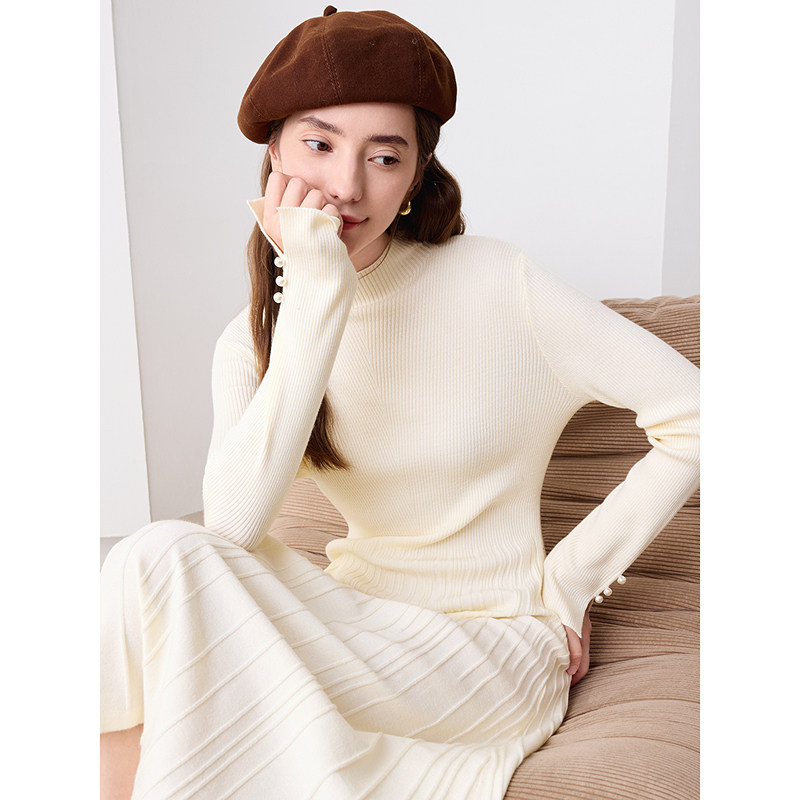 betu百图半高领针织连衣裙珍珠开叉袖口打底裙纯色裙子,淘宝优惠券,粉丝福利购,淘宝优惠卷