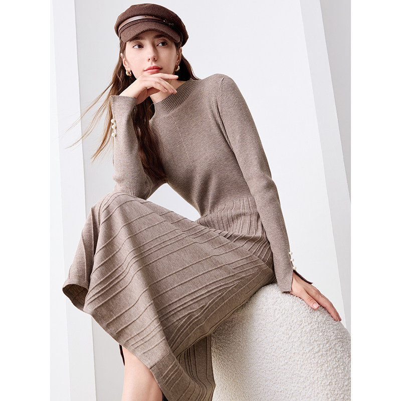 betu百图半高领针织连衣裙珍珠开叉袖口打底裙纯色裙子,淘宝优惠券,粉丝福利购,淘宝优惠卷