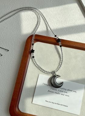 天然银曜石月亮吊坠项链星星锁骨链小众闺蜜情侣锁骨白水晶毛衣链