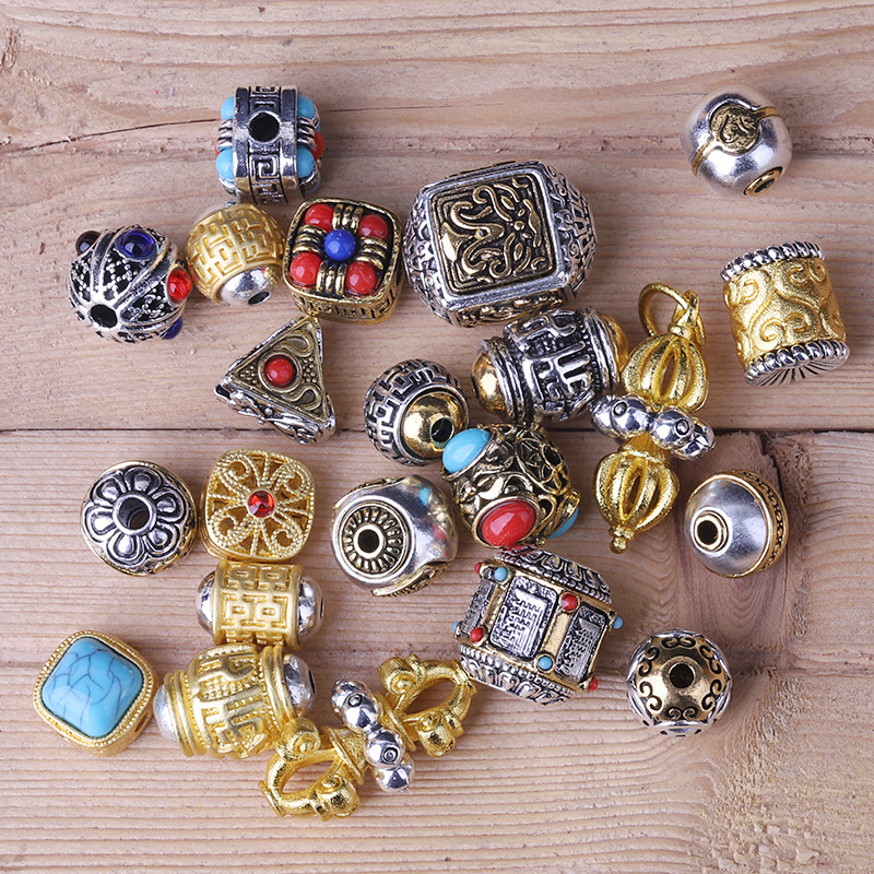 藏银双色六字佛珠点钻穿孔喜字哑金文玩手串法器散珠圆珠饰品配件 - 图2