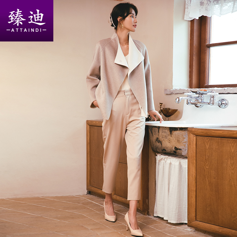 不规则双面羊毛呢短外套2021大衣 attaindi臻迪毛呢外套