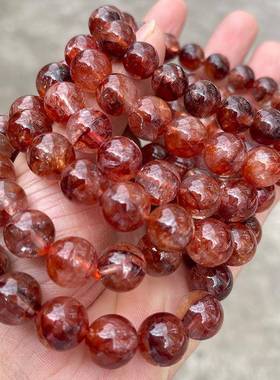 晶德珠宝7A天然牛血红红胶花水晶手链女简约水晶圆珠手串饰品