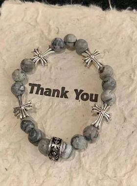 灰色天然石串珠十字架手链女欧美复古做旧手串男潮酷个性情侣手饰